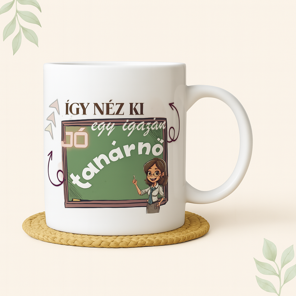 „Így néz ki egy igazán jó tanárnő” feliratos bögre
