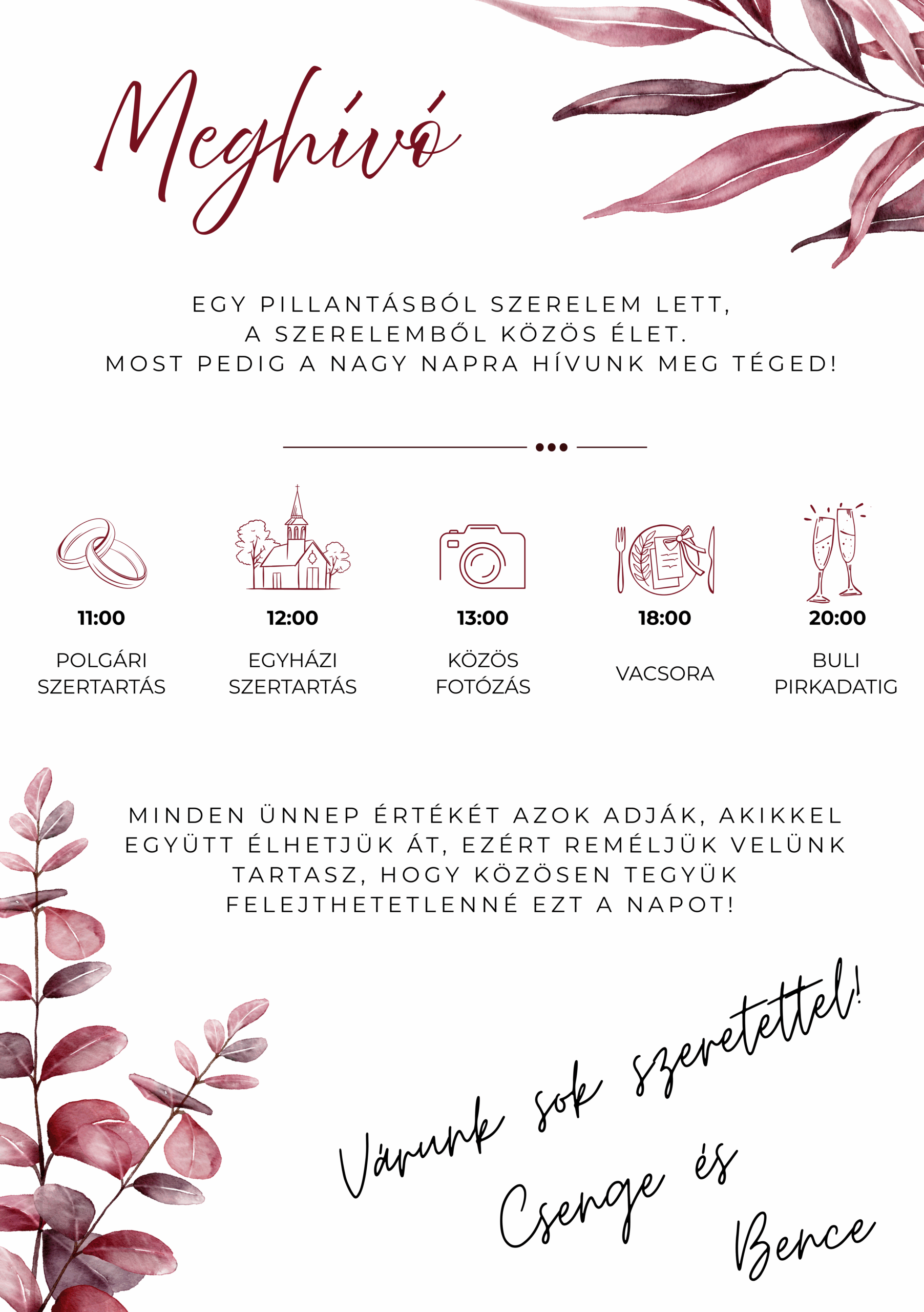 Bordó leveles esküvői meghívó - A6