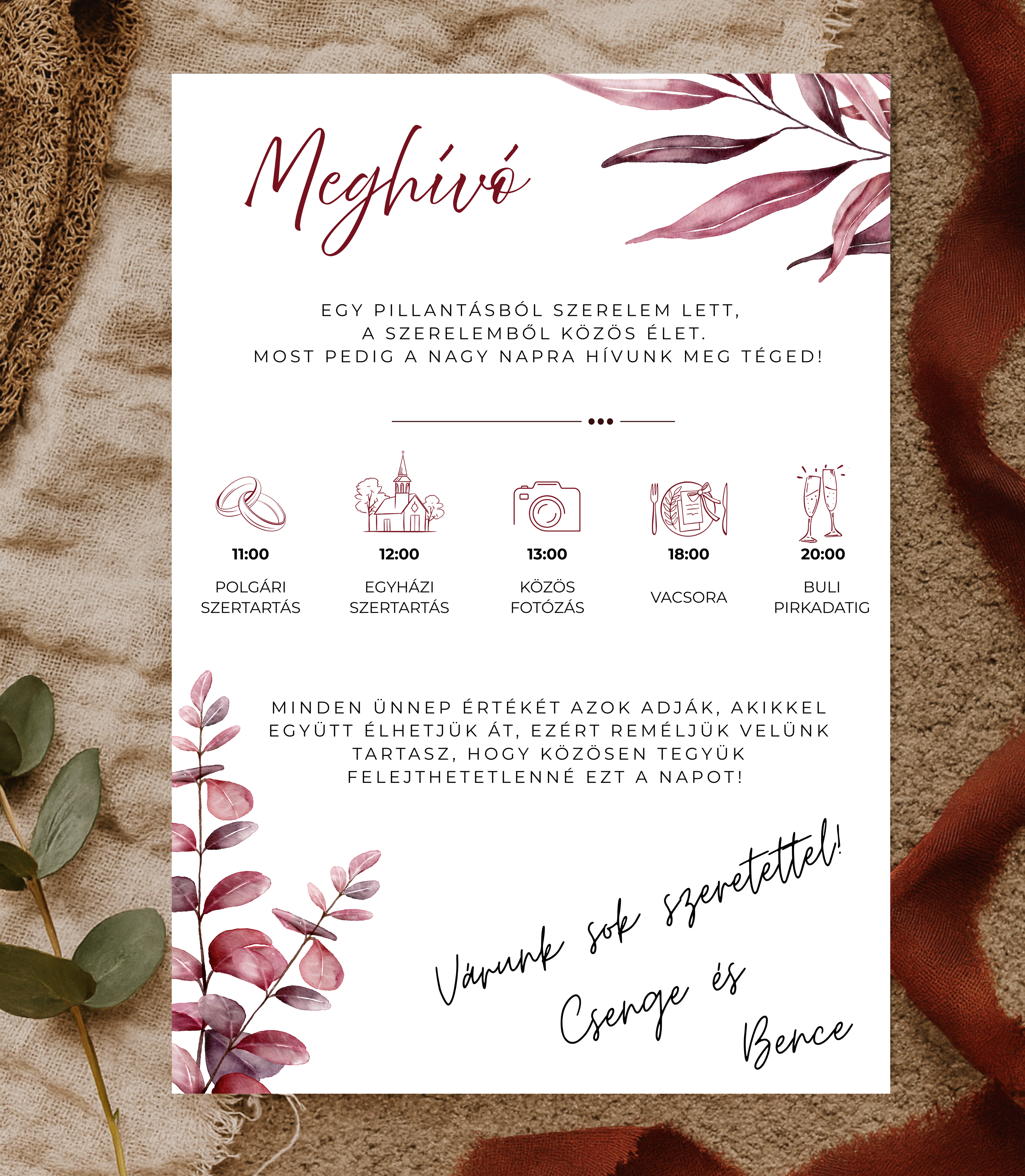 Bordó leveles esküvői meghívó - A6