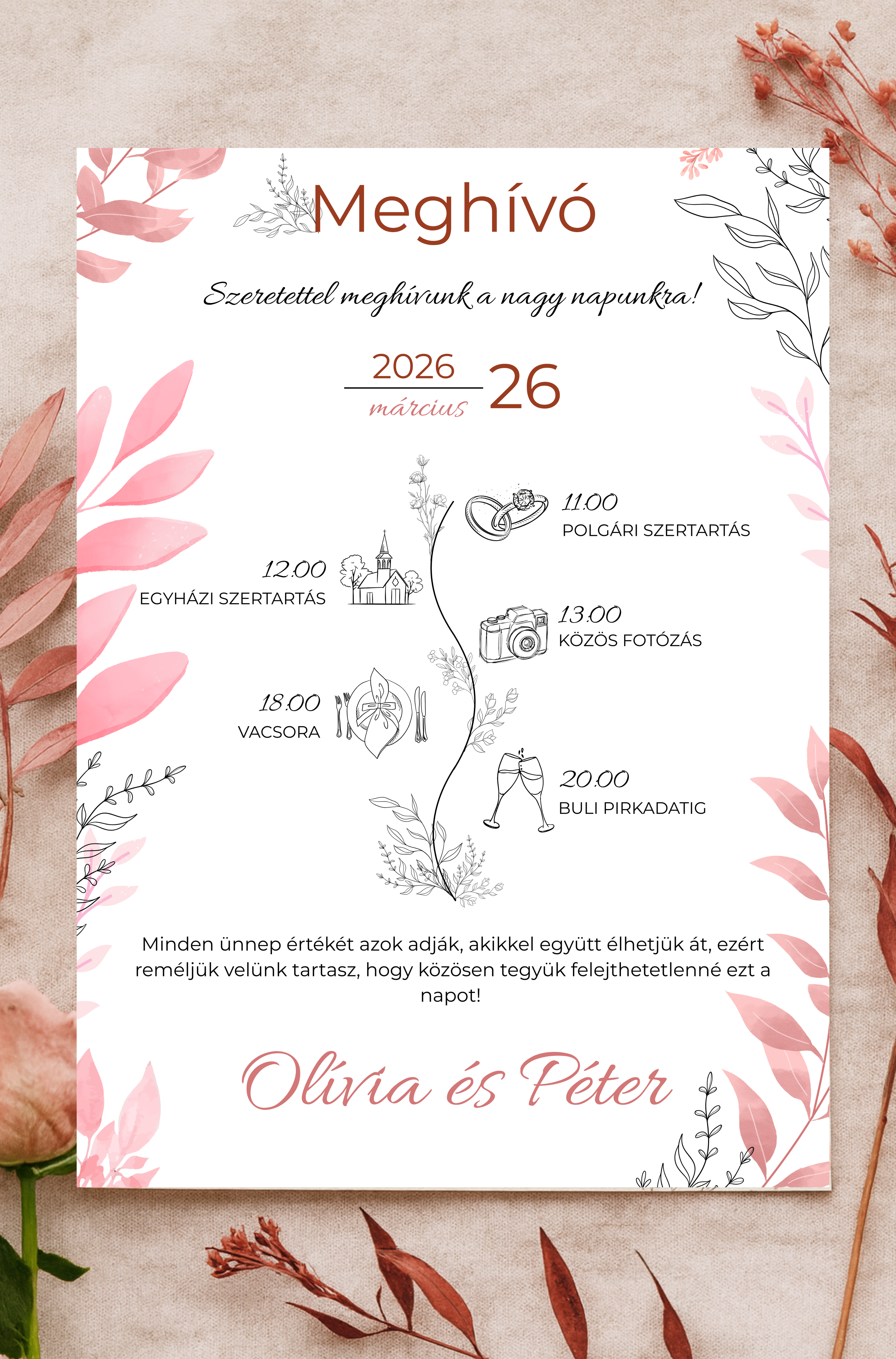 Rózsaszín leveles esküvői meghívó - A6