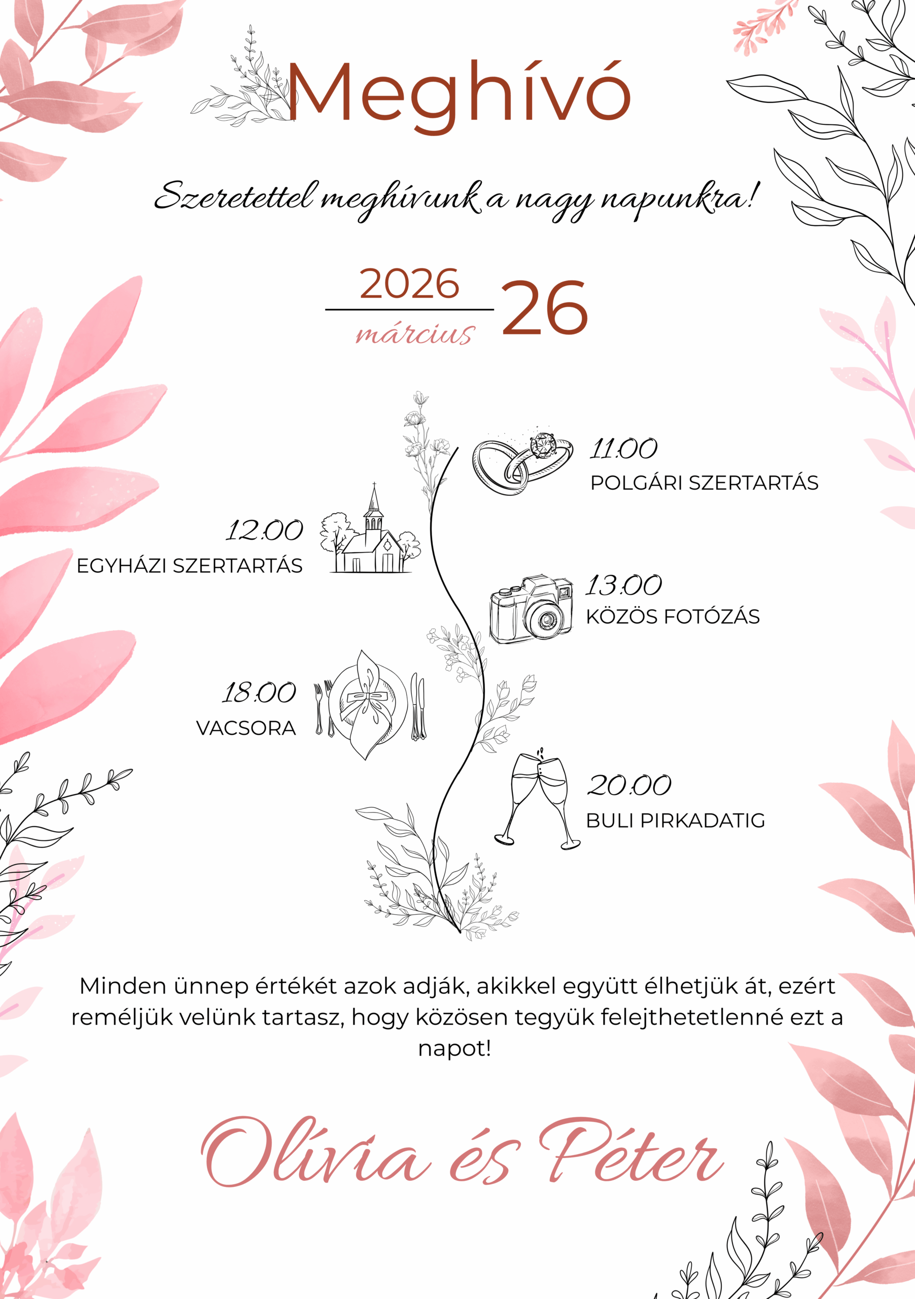 Rózsaszín leveles esküvői meghívó - A6